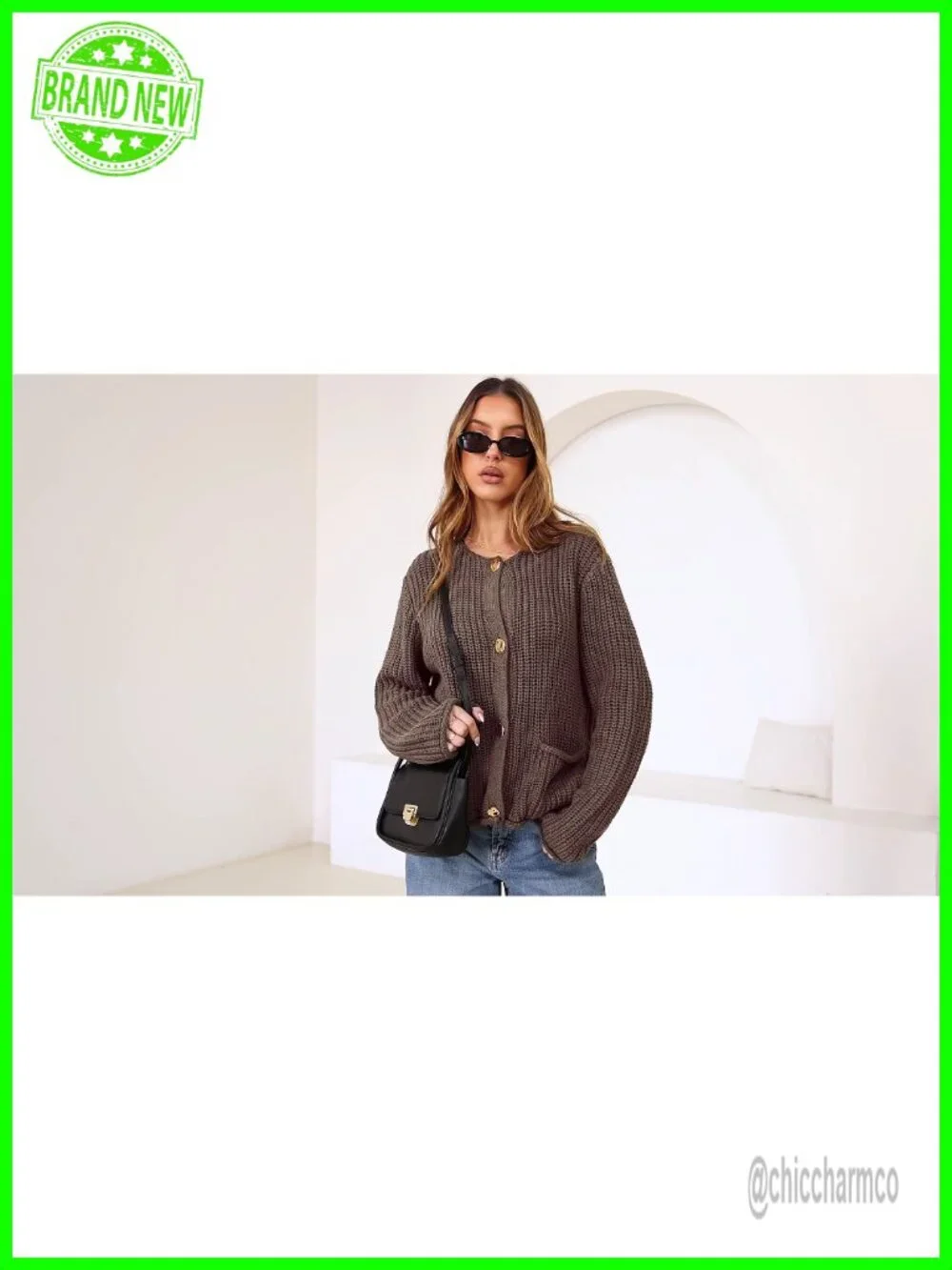Oversized Chunky Knit Cardigan with Pockets Long Sleeve Crewneck Button Front